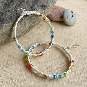 Large rainbow crystal hoop earrings, woven bohemian beach jewelry,dangle hoops